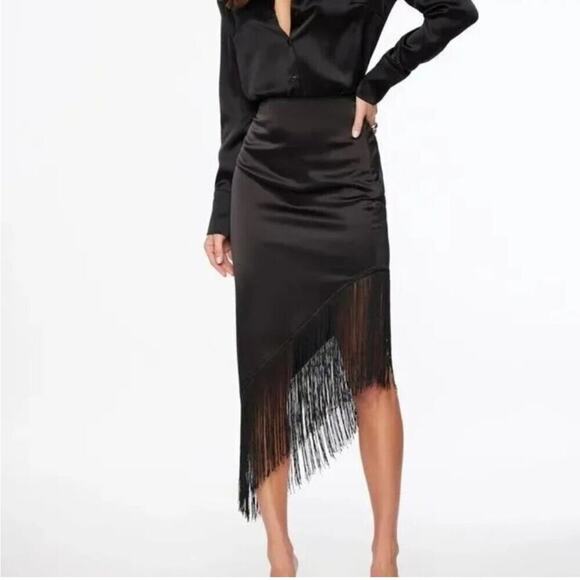 Zara Black Fringed Satin Effect Skirt - Picture 5 of 16
